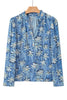 Sky Blue Fall Floral Half Placket Collared V Neck Blouse