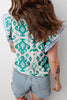 Sky Blue Ethnic Print Striped Trim Flutter Sleeve Top