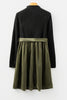 Black Ribbed Knit Slim Bodice Contrast Flared Skirt Patchwork Belted Dress