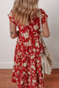 Red Floral Print Buttoned Front V Neck Tiered Short Sleeve Midi Dress