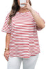 Red Stripe Plus Size Scalloped Trim Round Neck Short Sleeve Top