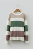 Green Mixed Texture Knit Striped Color Block Loose Sweater