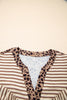 Khaki Stripe Square Button Leopard Trim Loose Bracelet Sleeve Shirt Dress
