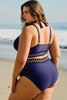 Navy Blue Embroidered Trim Wrap Tie Knot Plus Size High Waisted Bikini