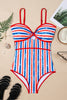 Red July 4th Stripes Star Floral Impression Cutout Spaghetti Straps One Piece Swimsuit