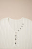 White Solid Color Textured Button V Neck Raw Seam Henley Tee
