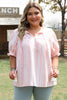 Pink Stripe Plus Size Tassel Tie Frilled Detail Short Sleeve Blouse