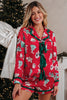 Red Christmas Fashion Print Contrast Ruffle Trim Ribbon Bow Knot 2pcs Pajama Set