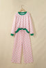 Pink Polka Dot Contrast Trim Long Sleeve Top Drawstring Shift Pants Set