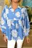 Sky Blue Floral Ricrac Trim Collared Puff Sleeve Loose Blouse