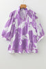 Purple Leafy Print 3/4 Sleeve Striped Trim Split Neck Blouse