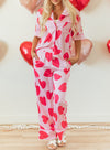 Pink Classic Heart Valentines Short Sleeve Pants Pajamas Set