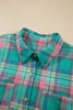 Green Plaid Button-Up Shift Long Sleeve V Neck Plus Size Dress
