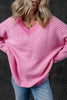 Pink Striped Scallop V Neck Loose Sweater with Slits