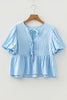 Sky Blue Stripe Bow Knot Textured Short Puff Sleeve Babydoll Blouse