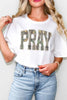 White PRAY Camo Letter Print Casual Round Neck T Shirt