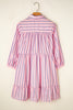 Pink Stripe Ruffled Hem Button-up Collared Shirt Mini Dress