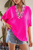 Rose Red Dolman Half Sleeve Leopard Patchwork Trim V Neck Blouse