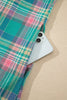 Green Plaid Button-Up Shift Long Sleeve V Neck Plus Size Dress