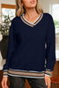 Parchment Varsity Contrast Striped Trim V Neck Sweatshirt