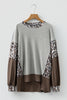 Gray Color Block Leopard Patchwork Dolman Sleeve High Low Baggy Sweatshirt