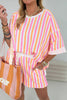 Pink Stripe Drop Shoulder Half Sleeve Loose Tee and Shorts Casual Set