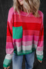 Rose Striped Knit Patch Pocket Drop Shoulder Sweater