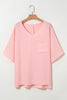 Pink Textured Half Sleeve V Neck Plus Size T Shirt with Chest Pocket
