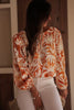 Orange Floral Print Knotted Open Back Long Sleeve Blouse