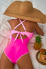 Rose Red Ric Rac Trim Contrasted Patchwork Cutout One Piece Swimsuit