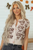 Brown Western Horseshoe Bow Pattern Button Front Sleeveless Knit Sweater