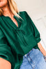 Fiery Red Solid Color Frilled V Neck Bow Detail 3/4 Sleeve Blouse