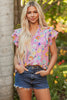 Pink Flutter Sleeve V Neck Floral Top