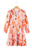 Orange Abstract Print Split Neck Long Sleeve Dress