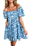 Blue Floral Puff Sleeve Babydoll Mini Dress