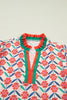 Red Floral Print Striped Detail V Neck Ruffled Short Sleeve Blouse