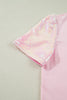 Light Pink Three Sweet Hearts Printed Sequin Trim Contrast Sleeve Patchwork Tee