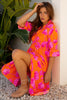 Orange Floral Print Frilly Smocked V Neck 3/4 Sleeve Long Dress