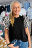 Black Contrast Leopard Ruffled Short Sleeve Ribbed Knit Top