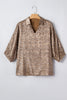 Brown Polo Collared V Neck Short Sleeve Metallic Leopard Blouse