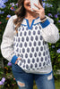 White Plus Size Boho Floral Print Contrast Trim Split Neck Puff Sleeve Patchwork Blouse