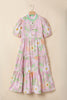 Pink Floral Print Short Puff Sleeve High Waist Tiered Maxi Dress