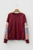 Red Sandalwood Plaid Colorblock Patchwork Sleeve Raw Seam Sweatshirt