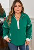Dark Green Half Zip Contrast Trim Pocketed Plus Size Fleece Sweatshirt