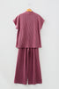 Burgundy Twisted Ribbed High Neck Loose Tee Elastic High Waist Loose Pant Set