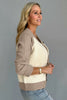White Color Block Ribbed Knit Button Down Sweater Cardigan