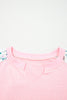 Light Pink Floral Colorblock Patchwork Chest Pocket Notched Neck Long Sleeve Top