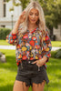 Black Floral 3/4 Puff Sleeve Tied Neck Blouse