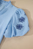 Beau Blue Flower Embroidered Puff Sleeve Split Neck Textured Blouse