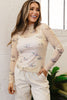 Beige High Neck Western Print Mesh Sheer Long Sleeve Top